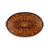 An Edwardian mahogany and satinwood inlaid oval tea tray, having central decoration of musical