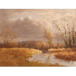 Alfred R Blundell, study of a woodland river scene, signed oil on canvas in simulated walnut painted