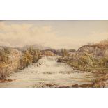 E A Warmington, an extensive waterfall study, signed watercolour, 29cm x 46cm