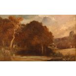 William J Callcott 1843 - 1890, a river landscape with an angler, oil on panel, signed, 15cm x 23cm