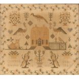 A 19th Century sampler, worked by Charlotte Simpson 1847, decorated with a house, birds and flowers,