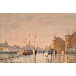 John Anthony Horwood, study of a busy harbour side scene with figures walking in the rain, signed