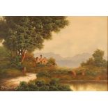 Late 19th Century school, study of castle ruins beside a lake, indistinctly signed oil on canvas,