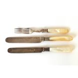 Six Victorian mother of pearl handled fruit knives, and five forks; and a silver bladed fruit