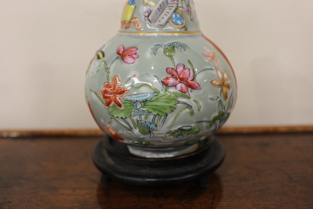 A Chinese baluster vase, with raised decoration of figures, flowers, butterflies and fish on celedon - Image 6 of 6
