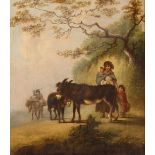 English school, early 19th Century, a country scene with travellers and donkey's on a path, oil on