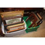 Two plastic crates of picture frames and prints et