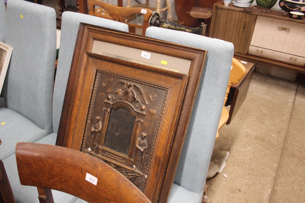 A WW1 memorial frame for plaque and medals; and tw