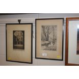 Two framed pencil signed black and white etchings