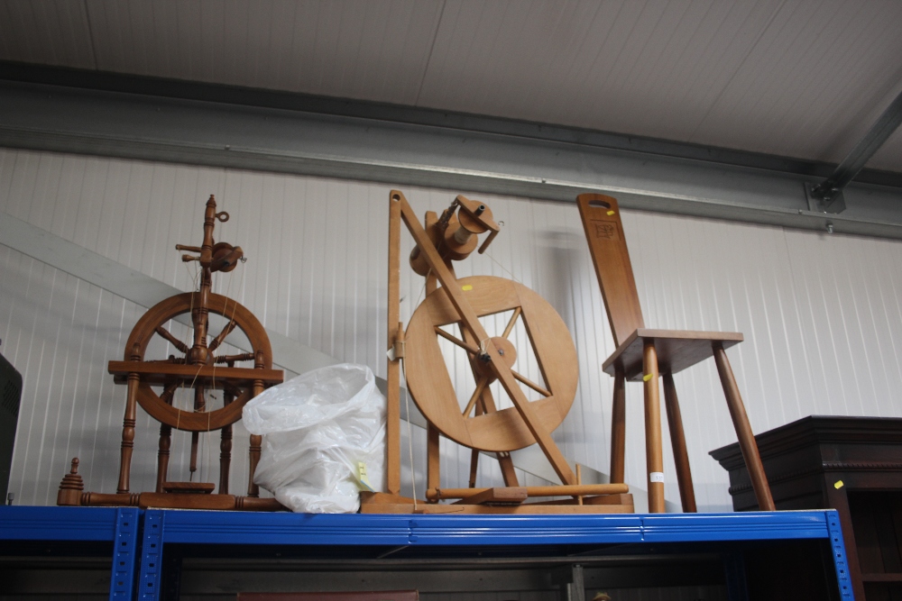 A spinning chair; together with two spinning wheel