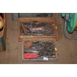 Two wooden trays of drill bits etc