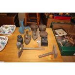 A quantity of weights; shoe last etc