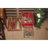 Three trays of various hand tools; a horn etc