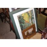 A small gilt framed oil landscape study and a colo