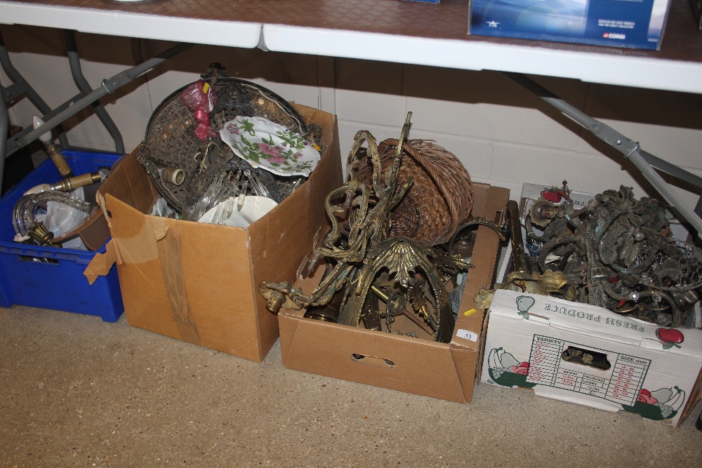 Four boxes of various light fittings; china etc.