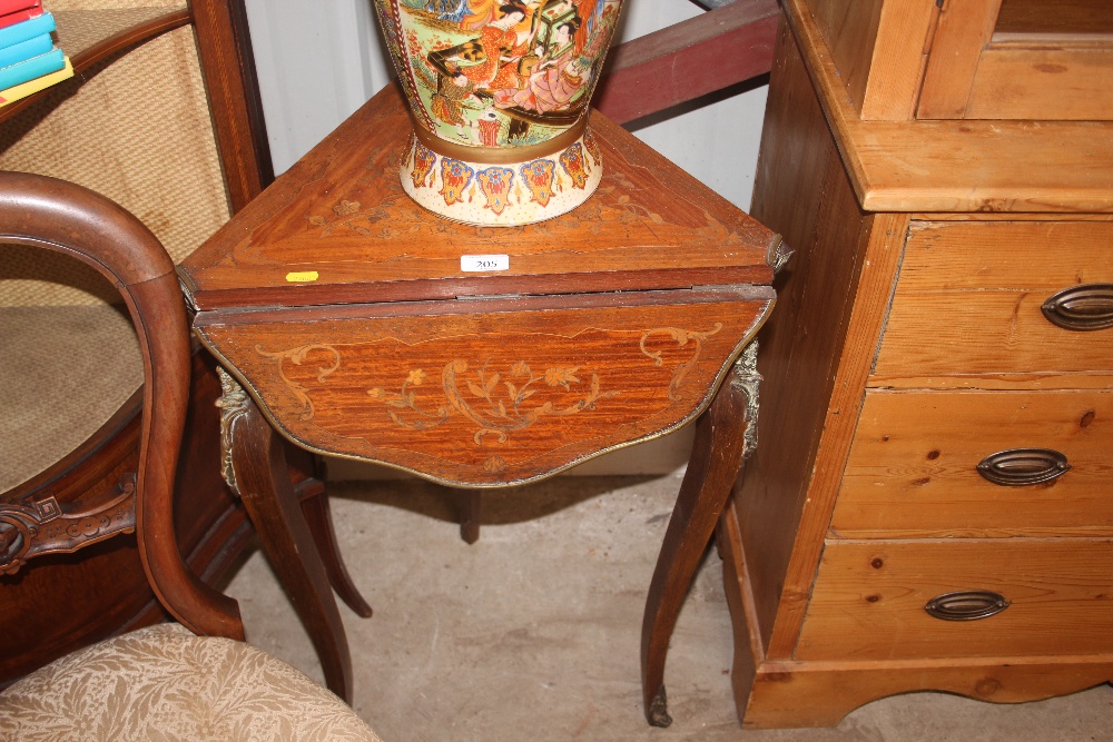 A French style inlaid drop leaf corner table with