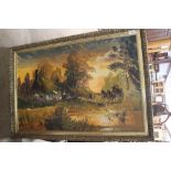 A large modern gilt framed oil on canvas study dep