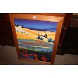 A large colourful landscape print contained in pin