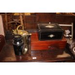 A brass watering can; two Victorian boxes and an o