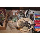 An oriental style wash jug and bowl; a wicker bask