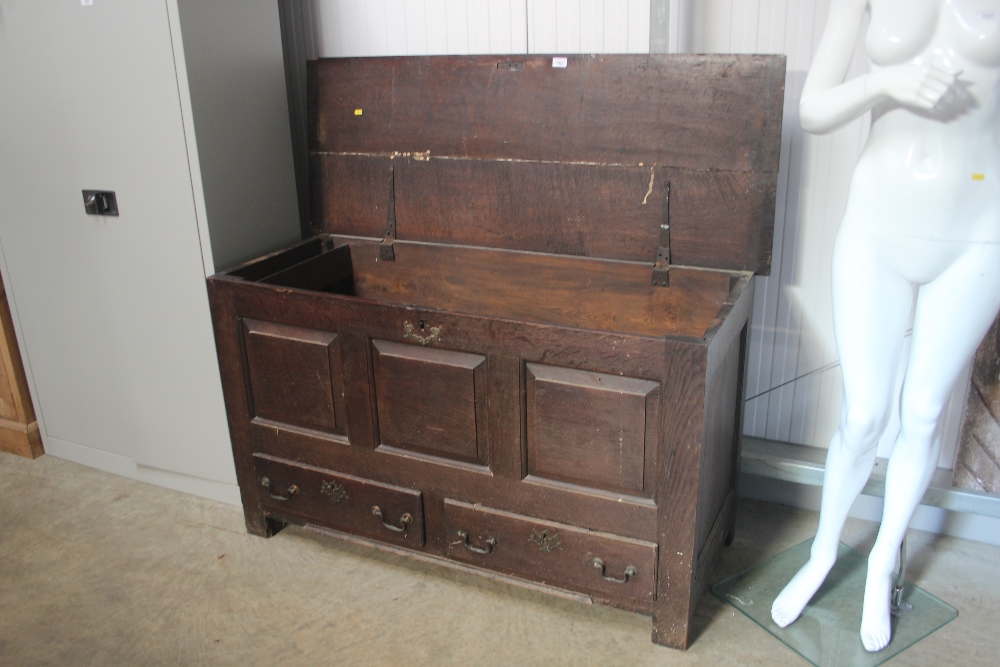 An oak panelled mule chest fitted two drawers
