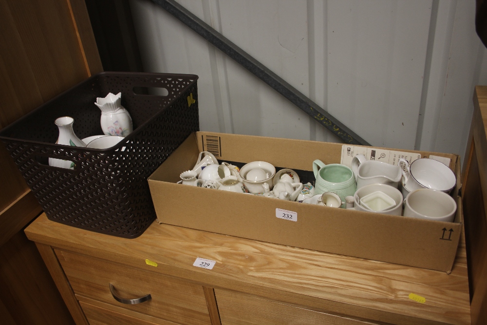 A box of mostly crested china and a box containing