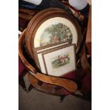 Six hunting related prints; two in circular frames