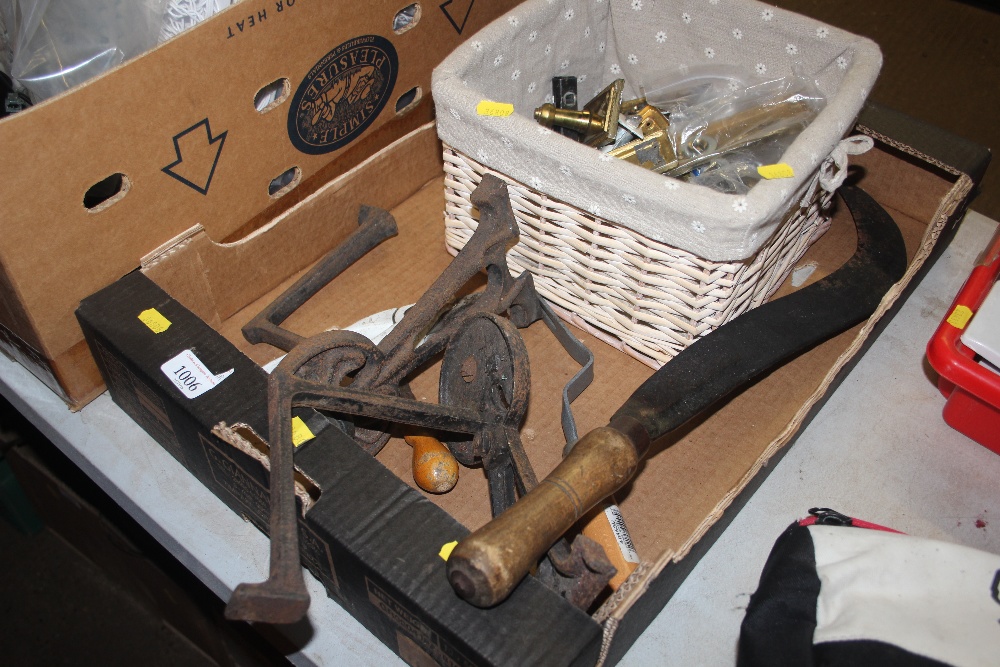 A box of hand tools and door furniture