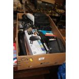 A box of various cameras and accessories, binocula