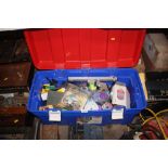 A plastic box and contents, various fishing line e