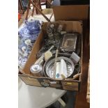 A box of various silver plated ware to include cru