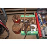 A box and two tins of various hand tools, nuts and
