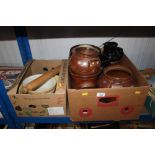 Two boxes containing mostly salt glazed jars, pots