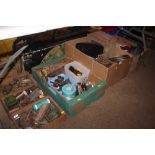 Six boxes of various fittings; gloves; hurricane l