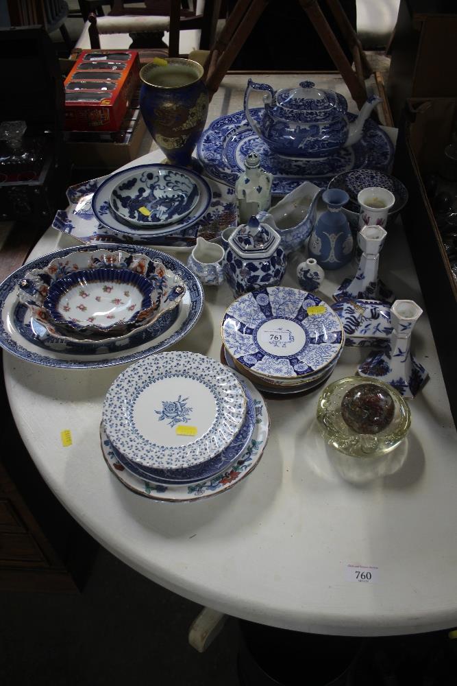 A quantity of mostly blue and white patterned plat