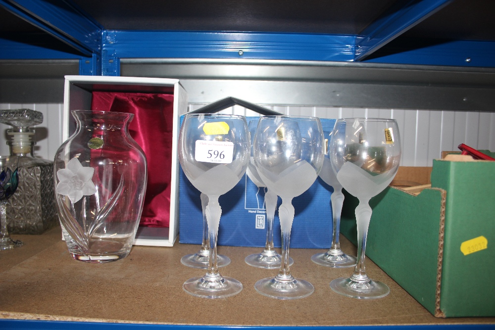 Six boxed glasses and a boxed glass vase