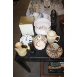 A quantity of various china, brass cased clock, wo