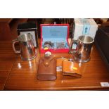 A quantity of metalware to include two hip flasks,