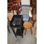 A painted chair, stool and a plant stand