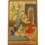 A small painted Persian bone panel, decorated with figures in an interior, 9cm x 6cm