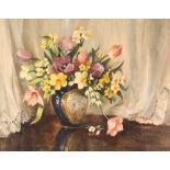 After Vernon Ward, study of tulips and daffodils in a French porcelain vase, unsigned oil, 35cm x