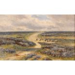 John Syer, 1815-1885, heather covered heathland scene with sheep on a rural track, signed oil on