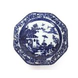 A pair of 18th Century Caughley style octagonal blue and white plates, decorated in the Chinese