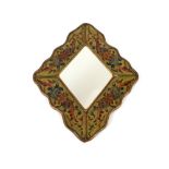 A decorative lozenge shaped mirror, with coloured foliate border, 29cm x 24cm overall