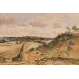 Thomas Churchyard, landscape study near Woodbridge with shepherd and sheep in the fore ground,