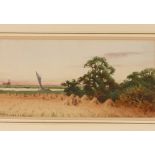 20th Century school, study of figure amongst corn stooks, in broadland scene, with wherry and