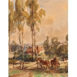 Thomas Churchyard, study of horses in a paddock, farmhouse to the distance, 13cm x 10cm