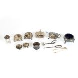 A quantity of various silver and plated cruets, napkin ring, button hook, child's pusher etc.
