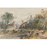 Manner of Thomas Churchyard, figure and livestock by a bridge over a stream, 11.5cm x 16.5cm