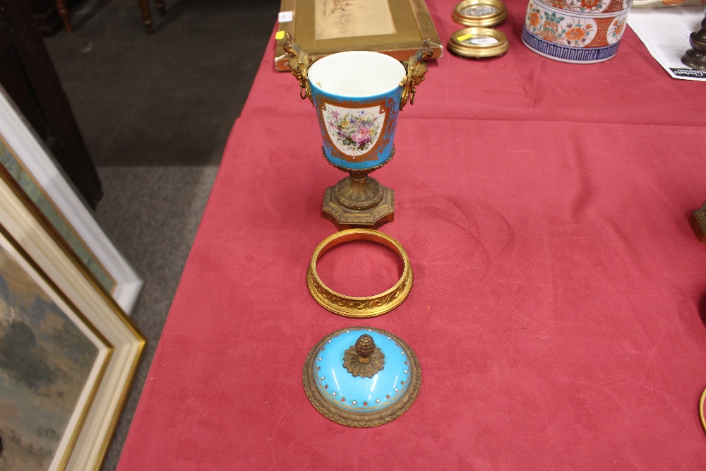 A pair of 19th Century Sevres style gilt metal mounted urns and covers, surmounted by foliate and - Image 3 of 19